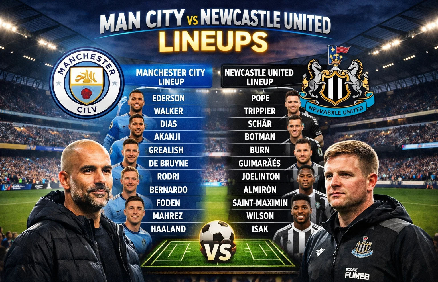 Man City vs Newcastle United F.C. Lineups