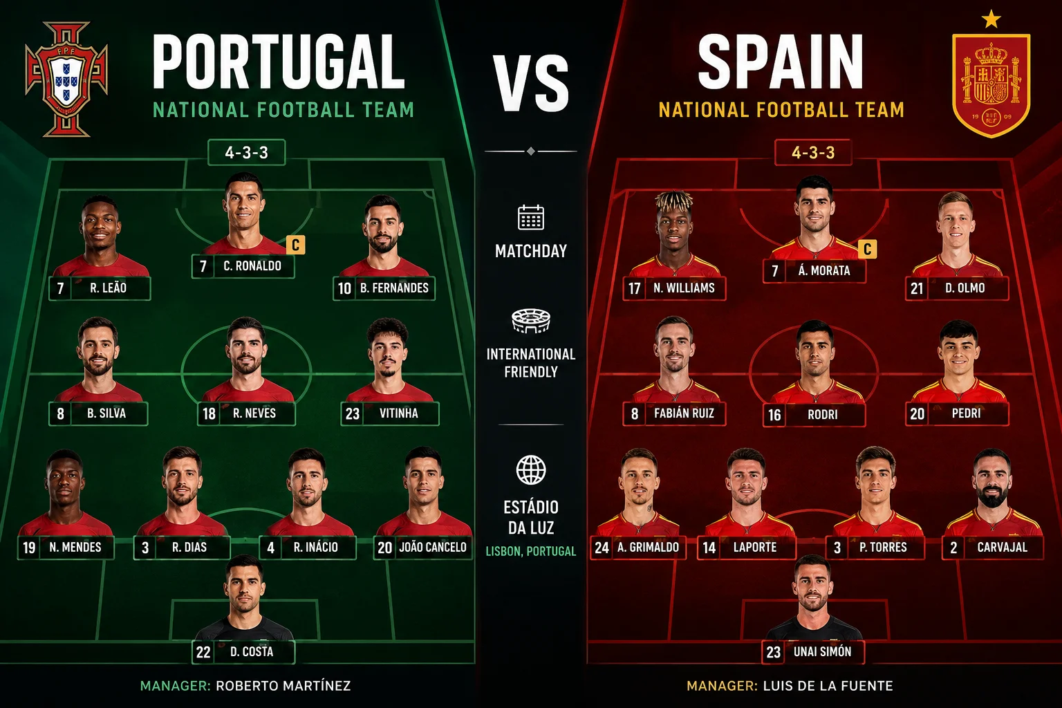 Portugal National Football Team vs Spain National Football Team Lineups