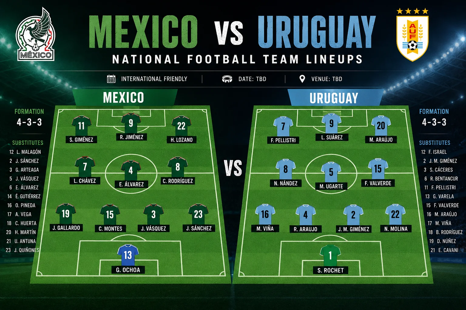 mexico national football team vs uruguay national football team lineups