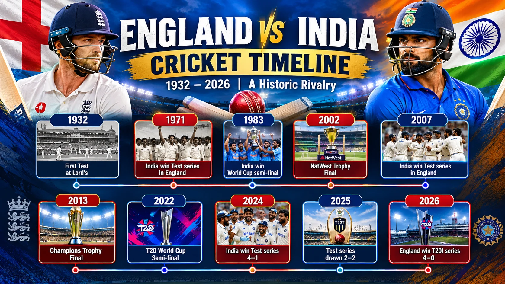 england cricket team vs india national cricket team timeline